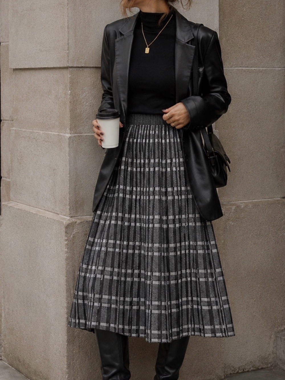 Plaid Pleated Midi Skirt in Gray - Classic Everyday Elegance